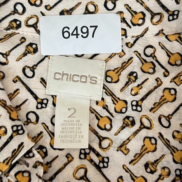 Chicos Women's Size 2 Button-Down Key Print Pattern Collared Long Sleeve Blouse - Picture 9 of 11